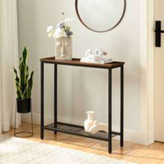 HOOBRO Konsolbord, smalt konsolbord för hall, entrébord med 2 hyllor, industriellt displaybord, smalt soffbord för vardagsrum, sovrum, rustikt brunt och svart EBF74XG01