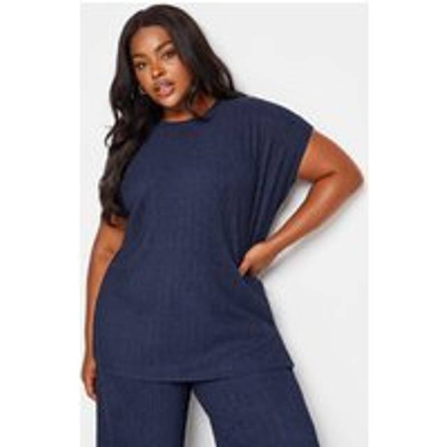 Yours Curve Navy Blue Crinkle Plisse Tshirt, Women's Curve & Plus Size, Yours - 34-36