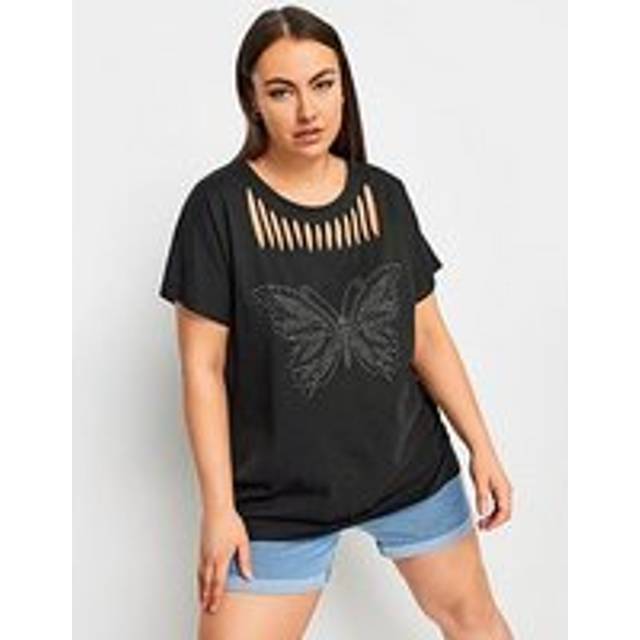 Yours Curve Black Cut Out Butterfly Embellished Tshirt, Women's Curve & Plus Size, Yours - 22-24