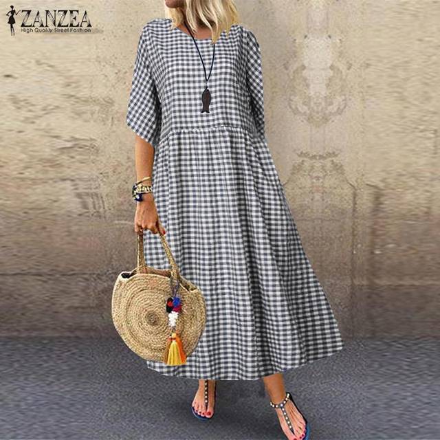 ZANZEA Ladies Check Plaid O Neck Casual Loose Long Dress S yellow