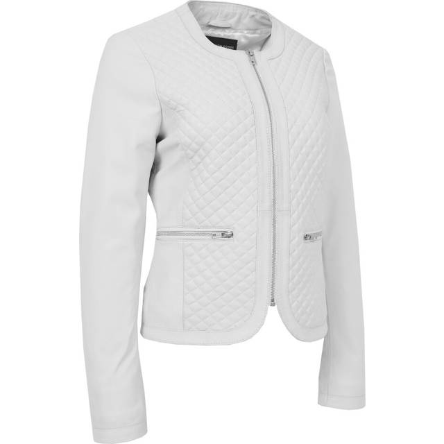 Women collarless soft white leather jacket biker style fitted quilted zip up