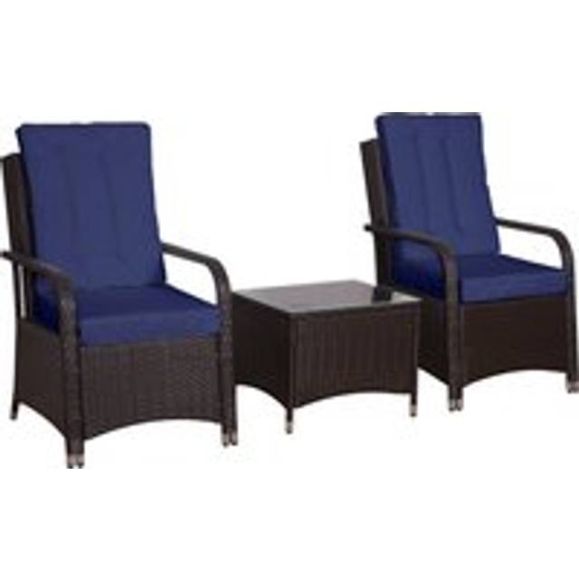Outsunny 3 Pieces Outdoor Rattan Bistro Set, Patio Wicker Balcony Furniture with Steel Frame, Conservatory Set w/ 2 Cushioned Chair, Coffee Table & Cover, Dark Blue