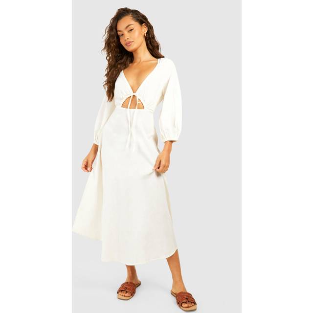 Womens Linen Look Tie Front Puff Sleeve Midaxi Dress - Beige - 10