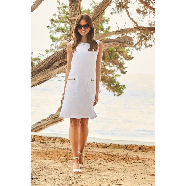 Sosandar White Linen Shift Dress with Gold Zip Pockets