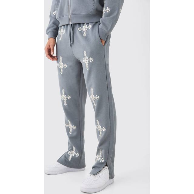 Regular Fit Split Hem Cross Embroidered Joggers - Grey - M