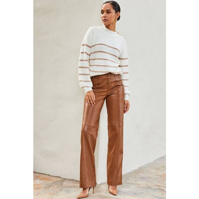 Sosandar Womens Tan Leather Button Front Wide Leg Trousers - Brown - Size 12 Regular