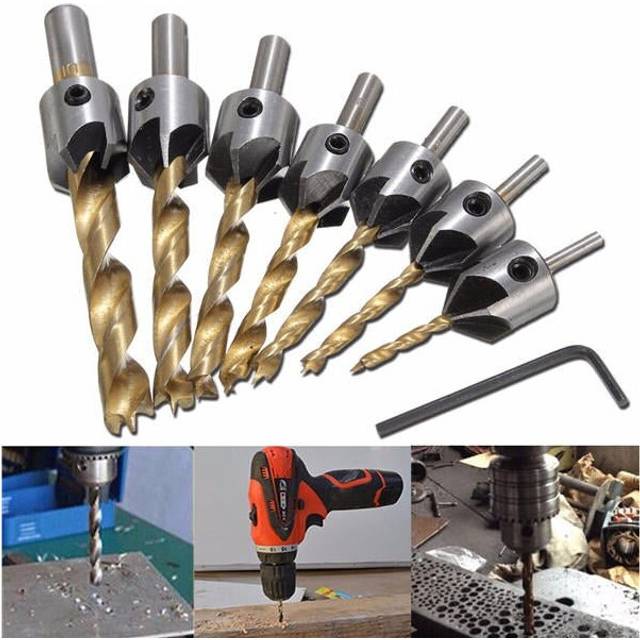 7pcs 3-10mm 5 Flute HSS Countersink Drill Bit Set Carpentry Reamer Wood Working Chamfer Endmilling