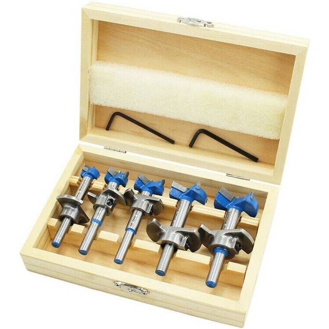 (2:With Wood Box Package) 5Pcs Forstner Drill Bit Set 15 20 25 30 35mm Wood Auger Cutter Hex Wrench Hole Saw For Power Tools Blue