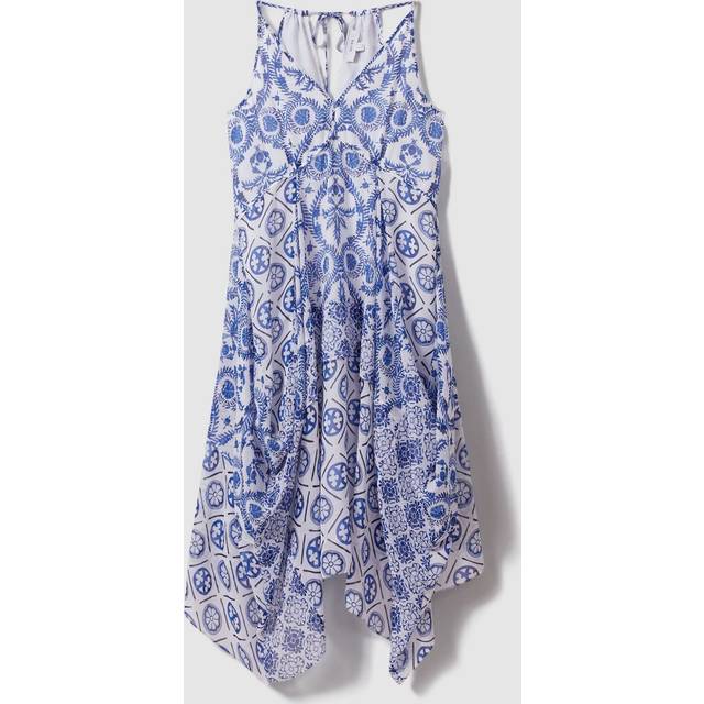 Reiss Womens Blue Tiller Tile-print Side-pleat Woven Midi Dress 10