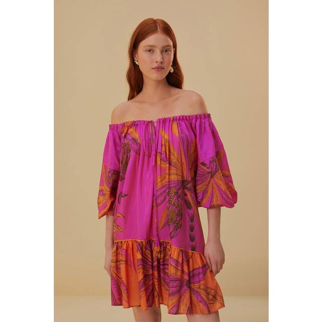 Beach Forest Pink Off The Shoulder Mini Dress, BEACH FOREST PINK / XXS