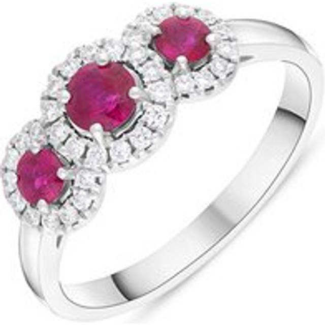 18ct White Gold Ruby Diamond Round Cut Three Stone Cluster Ring