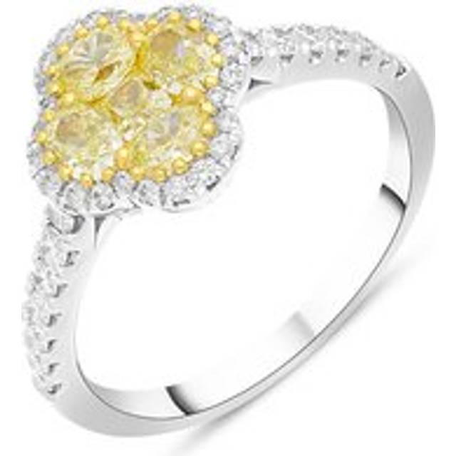 18ct White Gold Yellow and White Diamond Cluster Ring - White Gold