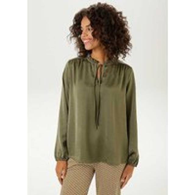 Aniston Ruffled Neck Long Sleeve Blouse - Khaki