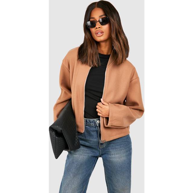 Womens Zip Detail Wool Look Bomber Jacket - Beige - 10, Beige