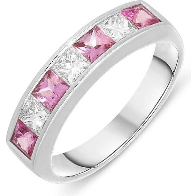 18ct White Gold Pink Sapphire Diamond Princess Cut Half Eternity Ring - Option1 Value White Gold