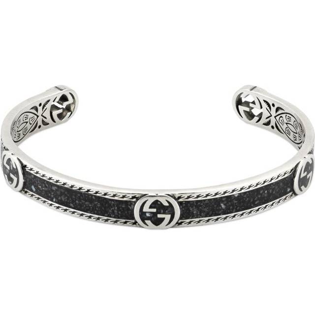 Gucci Interlocking Sterling Silver Black Enamel Cuff Bracelet D - 18cm