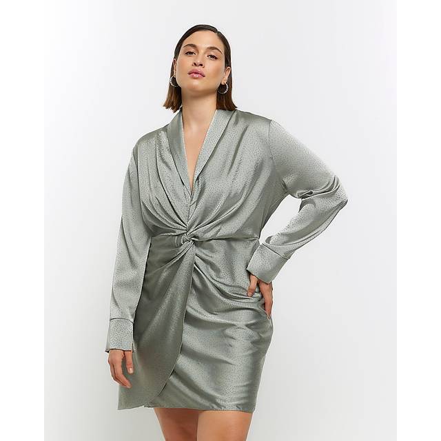 River Island Womens Bodycon Mini Dress Plus Khaki Front Knot - Size 28 UK