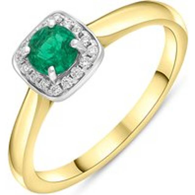 18ct Yellow Gold Emerald Diamond Pave Vintage Style Cushion Cluster Ring