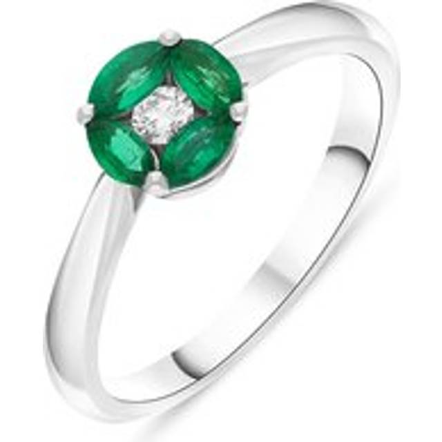 18ct White Gold Emerald Diamond Marquise Stone Round Cluster Ring - Gold