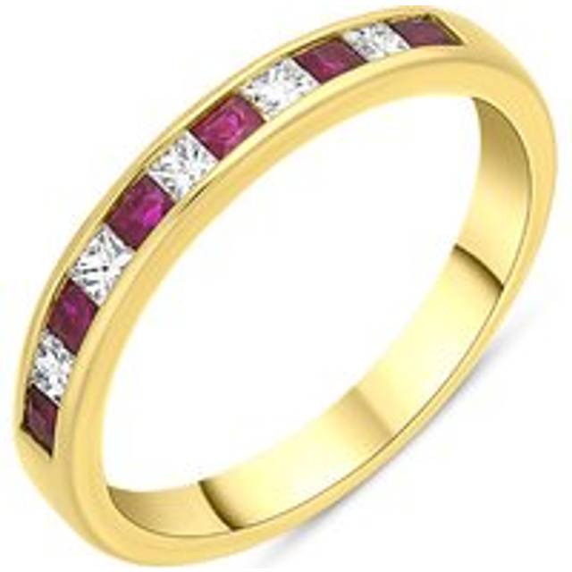 18ct Yellow Gold Ruby Diamond Eleven Stone Princess Cut Channel Set Ring - Yellow Gold