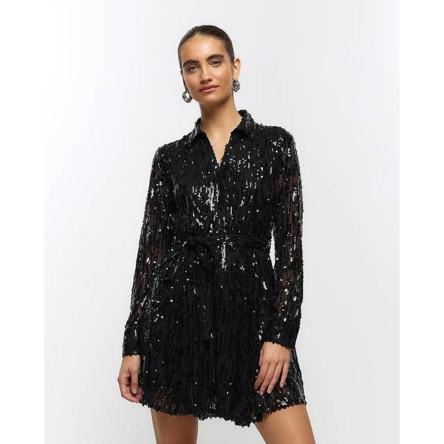 River Island Womens Black Sequin Belted Mini Shirt Dress - 6