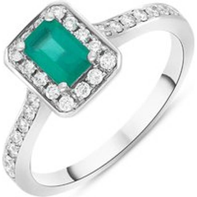 18ct White Gold Emerald Diamond Emerald Cut Halo Ring - White Gold