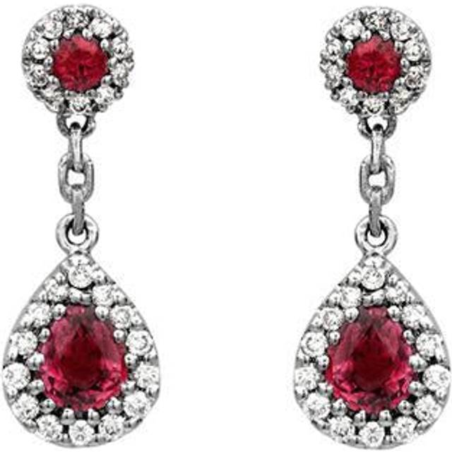 18ct White Gold 0.85ct Ruby Diamond Pear Cluster Drop Earrings - Option1 Value White Gold