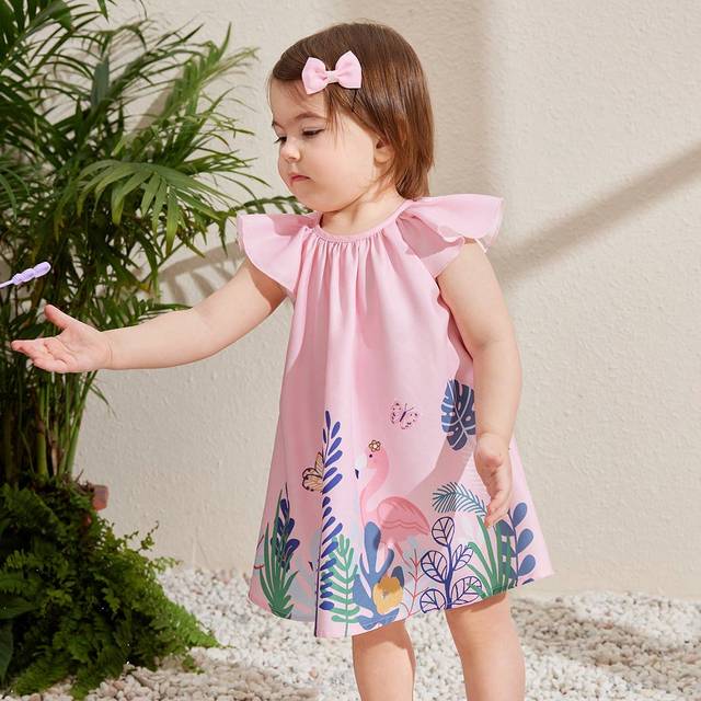 SHEIN Baby Girl Summer Vacation Cartoon Pattern Loose Short-Sleeved Dress Is Suitable For Summer.