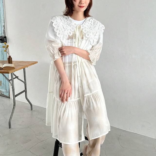 Kvinnor Fashionabla Enfärgade Spets Spets Långärmad Klänning Sundress - Aprikos (L,M,S,XL,XS)