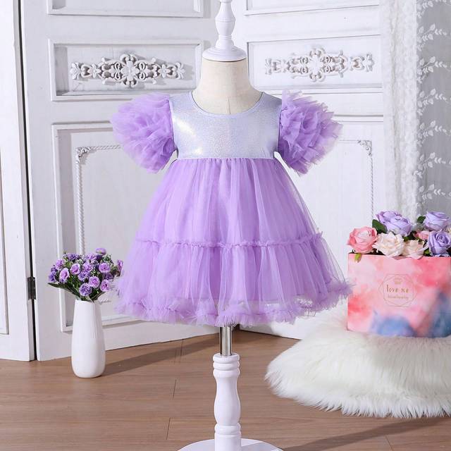 SHEIN Baby Girl Patchwork Multi-Layer Mesh Ruffle Trim Decor Cute Dress