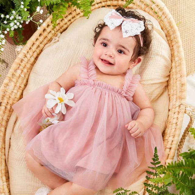 SHEIN Newborn Baby Girls&#39; Romantic Elegant Solid Color Mesh Ruffle Strap Loose Dress, Suitable For Summer