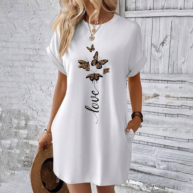 INAWLY Women&#39;s Summer Short Sleeve Casual T-Shirt Dress With Butterfly & Letter Print