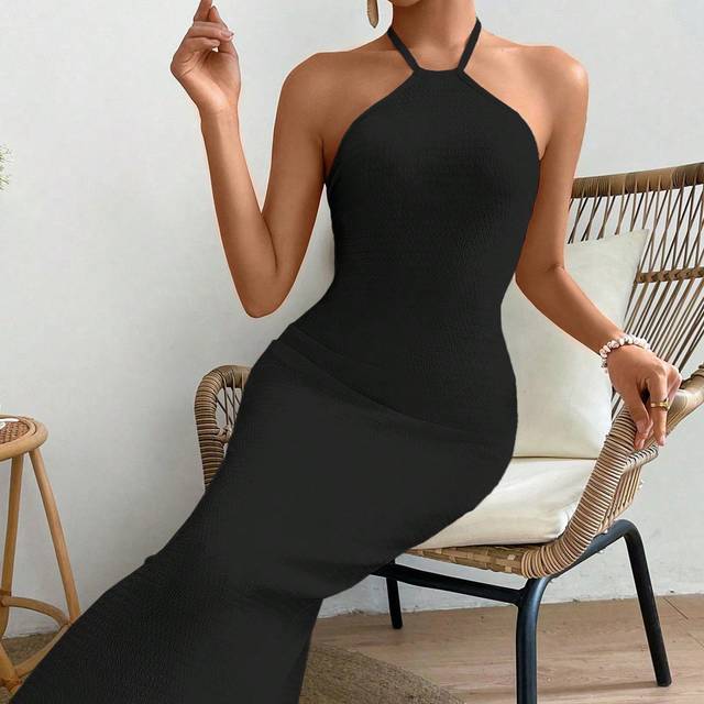 Breezaya Summer Casual Fringe Tassel Hem Halter Neck Split Dress Maxi Vacation Beach Outfits Women