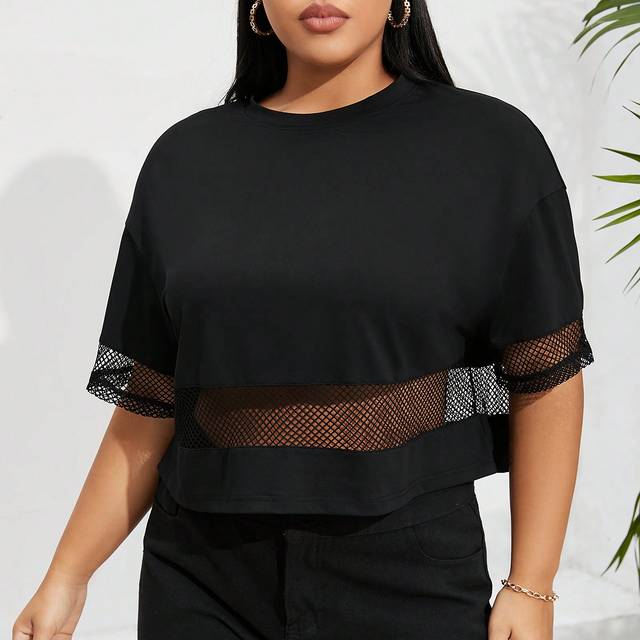 SHEIN Plus-Size Summer Mesh Splicing Hollow Breathable Casual Round Neck T Crop Top Black Athleisure Smock Top Black T-Shirt Jersey Shirt Black Top Women To