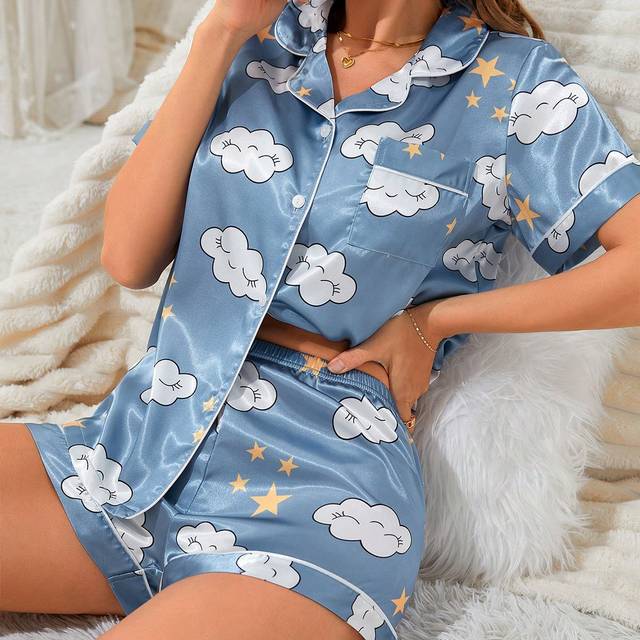 SHEIN Women Cloud Star Printed Short Sleeve Shorts Pajama Set, Summer