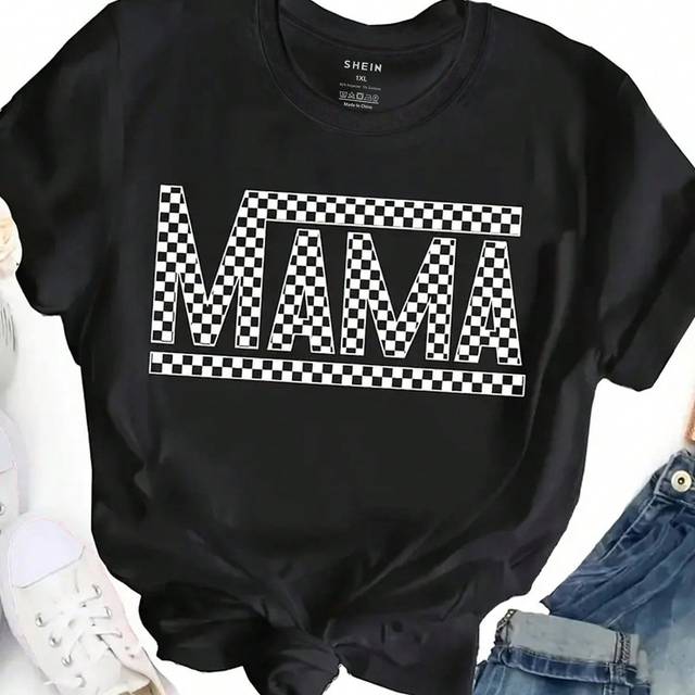 INAWLY Plus Size Letter Printed Round Neck Short Sleeve Casual T-Shirt For Summer Graphic Tees Women Tops