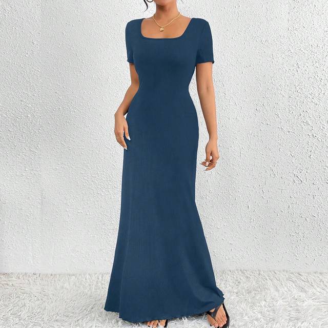 Elegant enfärgad kortärmad sommarklänning för kvinnor Maxi kvinnor outfit - Dammblå (L,M,S,XS)