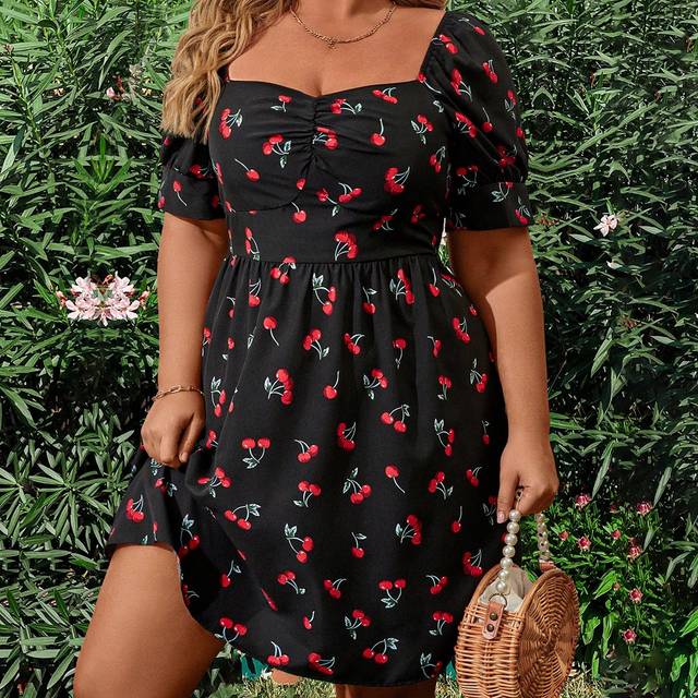 Sunnyshic Plus Size Boho Summer Holiday Cherry Print Dress With Sweetheart Neckline
