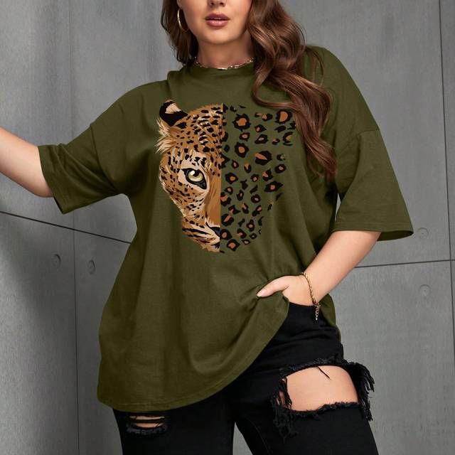 INAWLY Plus Size Leopard Print Round Neck Drop Shoulder T-Shirt, Graphic Cheetah Print Tees Women Tops