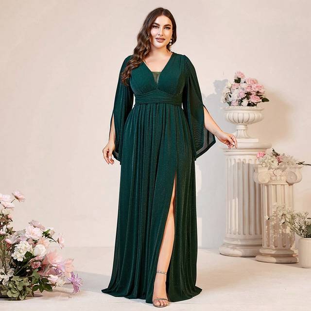 SHEIN Plus Size Bridesmaid Dress With Deep V-Neck, High Side Split And Dramatic Puff Sleeves Elegant Long Sleeve Formal Evening Prom Wedding Guest Gown, For