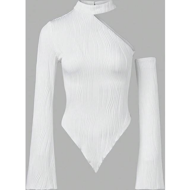 VaVaBold Women Solid Color Textured Flare Sleeve Asymmetrical T-Shirt