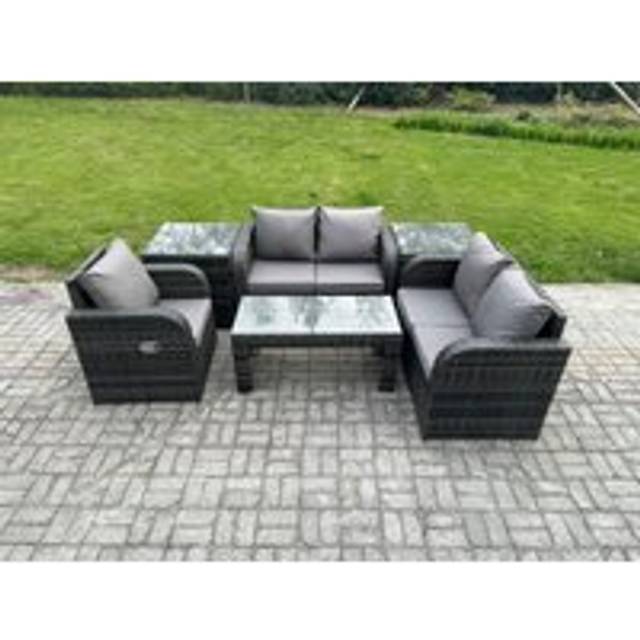Rattan Outdoor Garden Furniture Sofa Set Patio Table & Chairs Set with 2 Side Tables Dark Grey Mixed - Fimous
