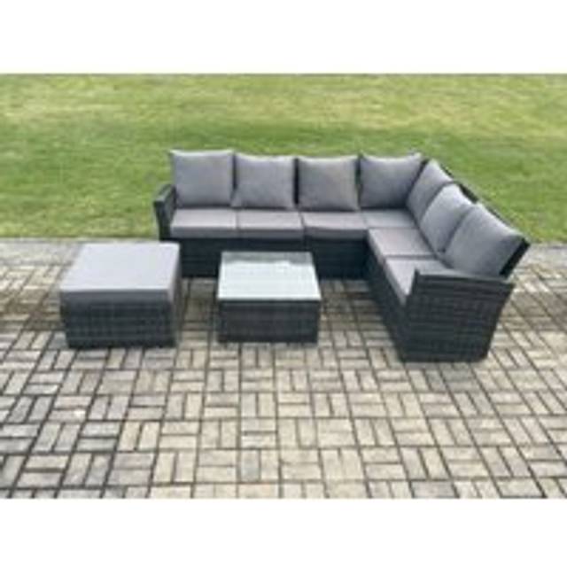 Fimous Rattan Garden Furniture Set Outdoor Lounge Corner Sofa Set With Square Coffee Table Big Footstool 7 Seater Dark Grey Mixed