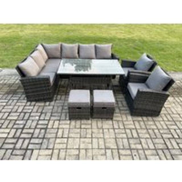 Fimous Rattan Garden Furniture Set Outdoor 10 Seater Patio Dining Corner Sofa Sets with Dining Table Chair 2 Small Footstool Light Grey Mixed