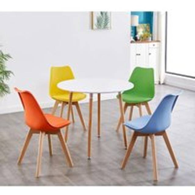 Portland Tulip 4 Seater Round Plastic Dining Set Oak Effect White and Multicolour