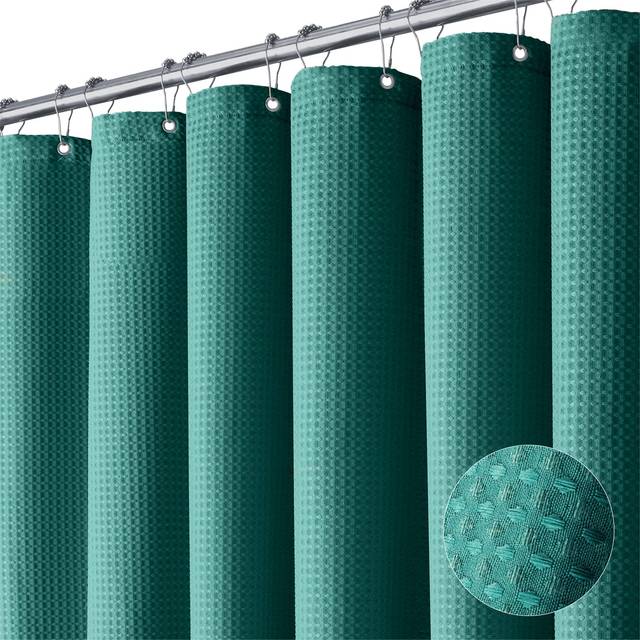 Dynamene Green Fabric Shower Curtain - Waffle Weave Textured Heavy Duty Cloth Shower Curtains for Bathroom  256GSM Hotel Luxury Weighted Bath Curtain