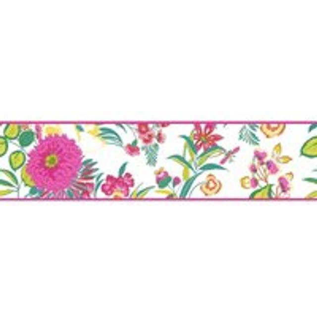 K2 floral flowers wallpaper border bright modern white pink green yellow 22070