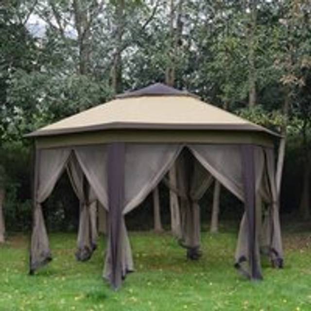 Outsunny 4.05L x 3.4W m Easy Set Up Hexagon Gazebo with Metal Frame - Beige - Neutral