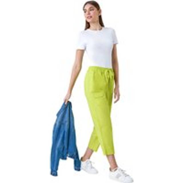 Cotton Elastic Waist Cropped Cargo Trousers - Lime - 16