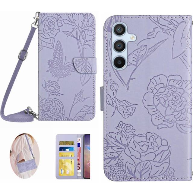 (Light Violet) Case For Samsung Galaxy A55 5G Leather Wallet Soft PU Leather With Card Holder & Long Strap Butterflies And Flowers
